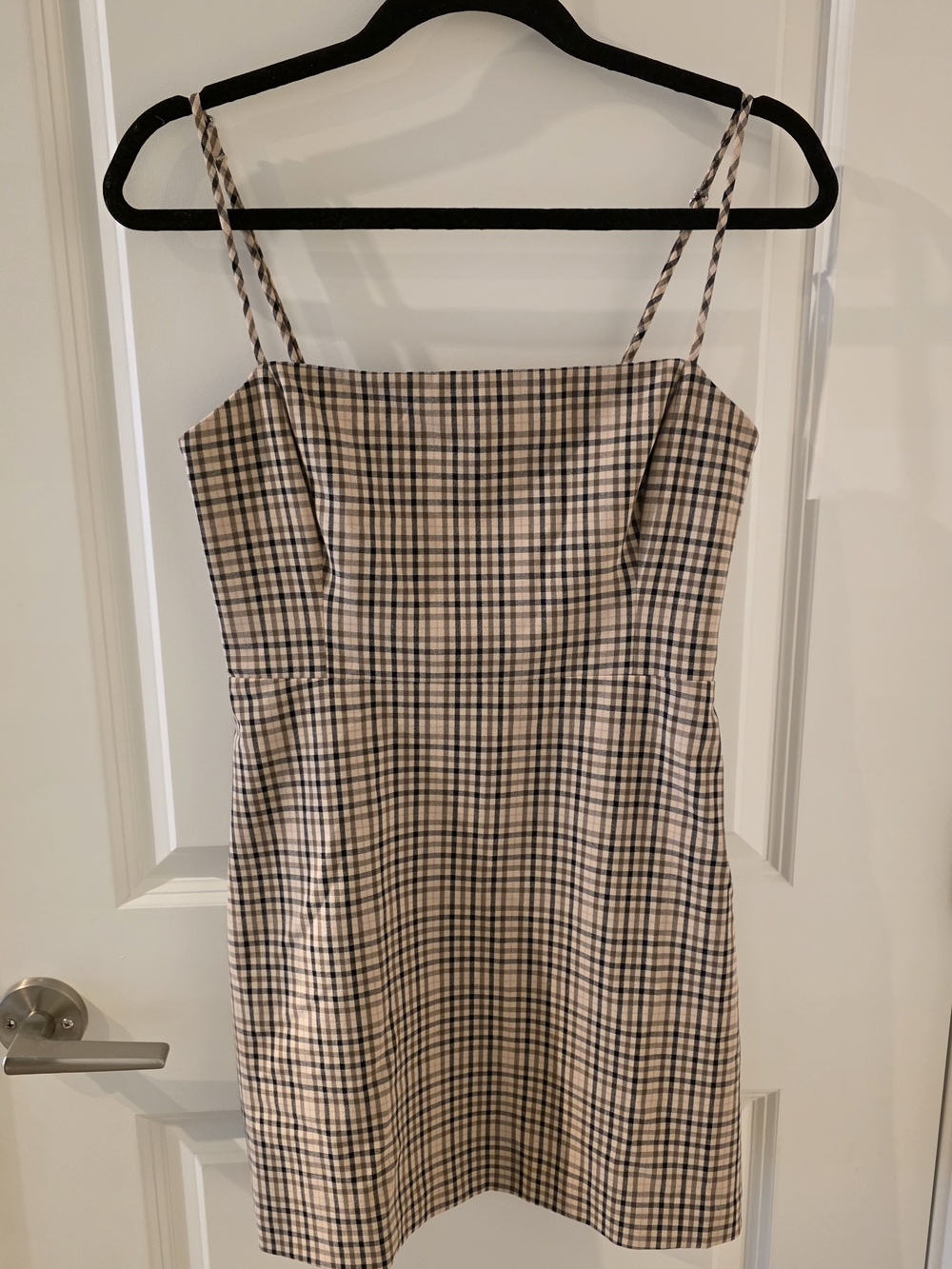 Aritzia Wilfred Beige and Black Checked Spaghetti-Strap Mini Dress